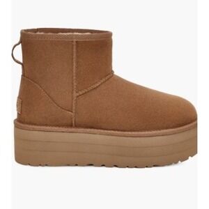 UGG W Classic Mini Platform Chestnut Suede Shearling‎ Lined Ankle Boots US 9